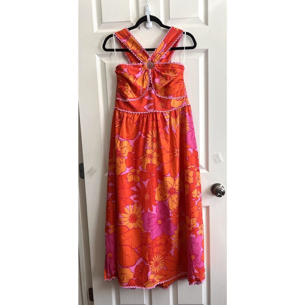 J. MARIE Lizzie Tropical Orange Pink Floral Ric Rac Cross Halter Midi Dress XL - Picture 3 of 15